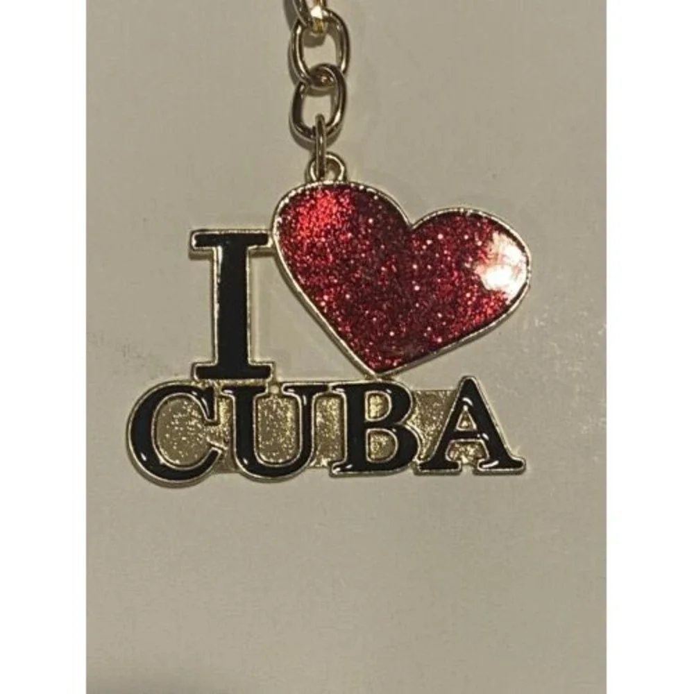 I Love Cuba Keychain with Red Glitter Heart Gold Tone Metal Souvenir Accessory